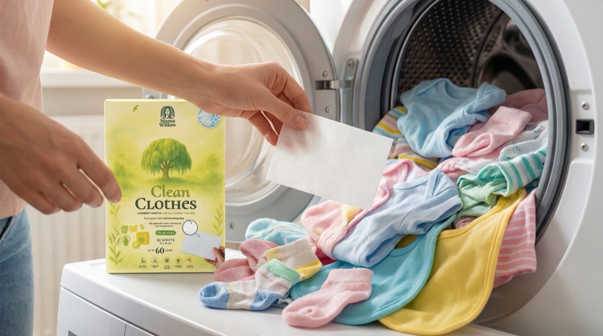 Mani che inseriscono un foglio MamaWillow in lavatrice con vestiti per bambini