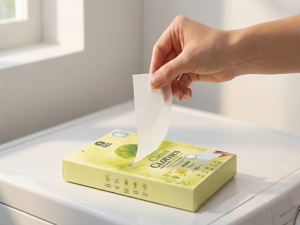 Mano che inserisce un foglio di detersivo nella lavatrice