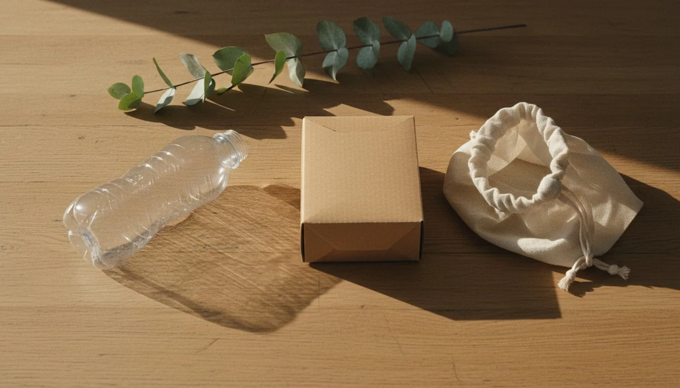 PET-Flasche neben einer Karton-Verpackung auf einem Holztisch — visueller Vergleich zwischen Recycling-Versprechen und realer Verpackung