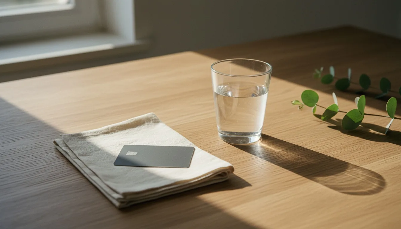 Eine Kreditkarte auf einem Holztisch neben einem Glas Trinkwasser, im warmen Morgenlicht — als Größenvergleich zu 5 Gramm Mikroplastik
