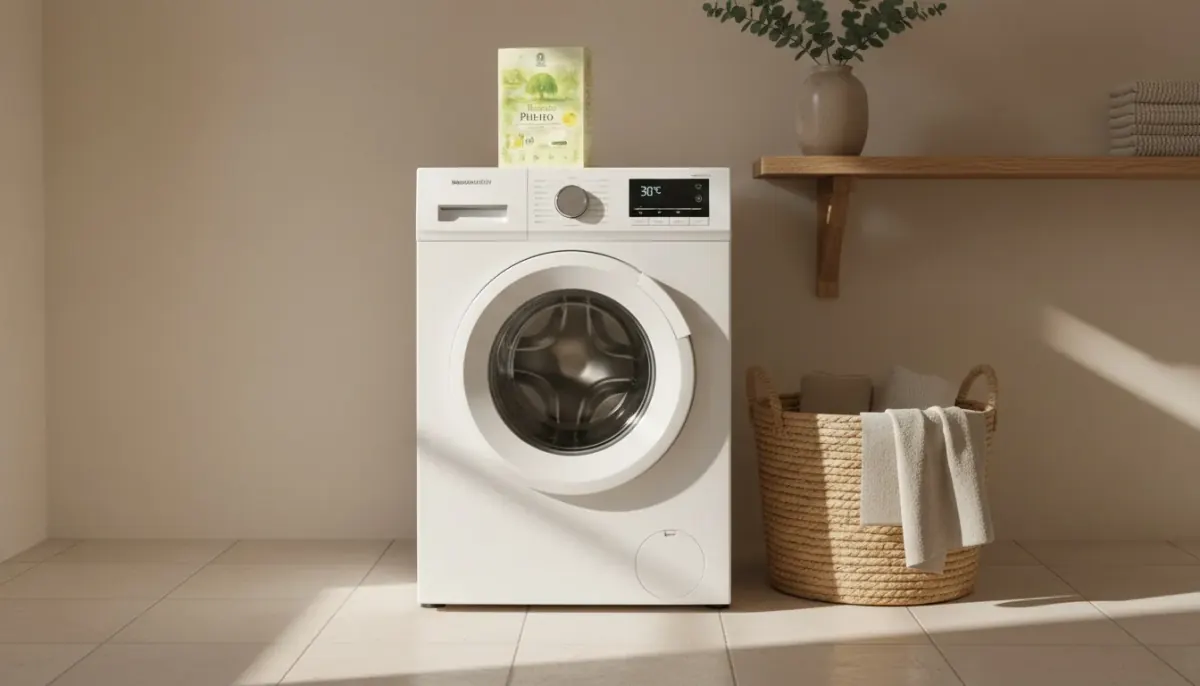Waschmaschinen-Display zeigt 30 °C Eco-Programm — daneben gefaltete Wäsche und MamaWillow Karton 
