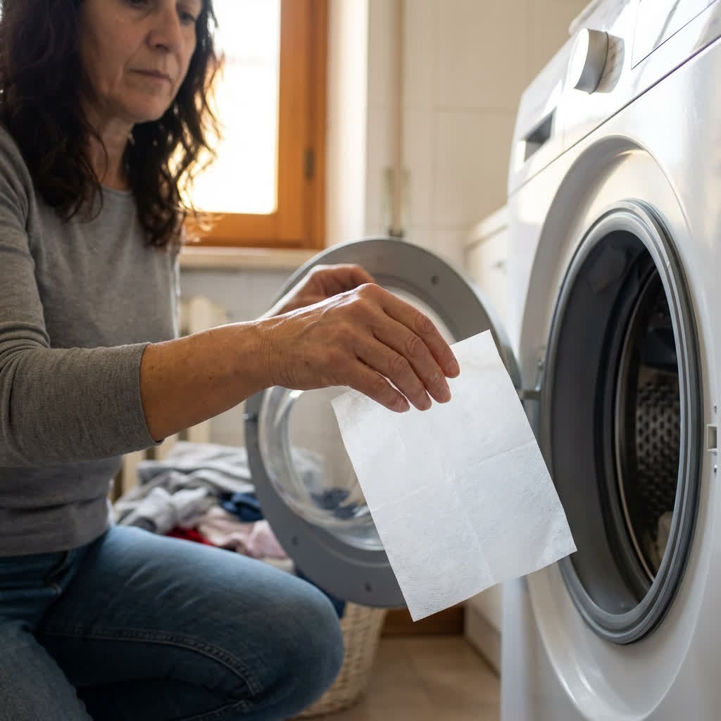 Mano che inserisce un foglio di detersivo nella lavatrice — nessun residuo nelle fibre