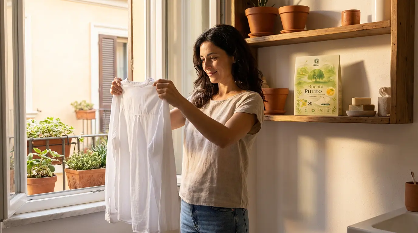 Donna italiana soddisfatta con bucato pulito, pelle finalmente tranquilla