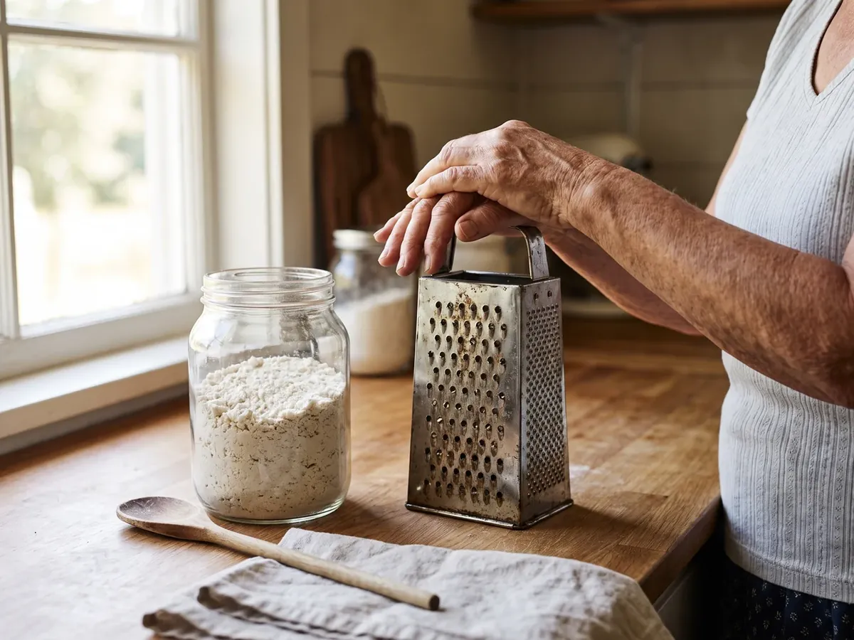 Selbstgemachtes Waschmittel: Reibe und Einmachglas mit Kernseife-Rezept